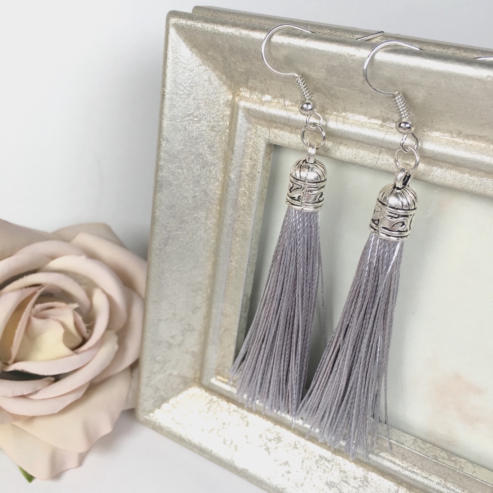 Gray Tassel Drop Earrings - Picture 2 of 6